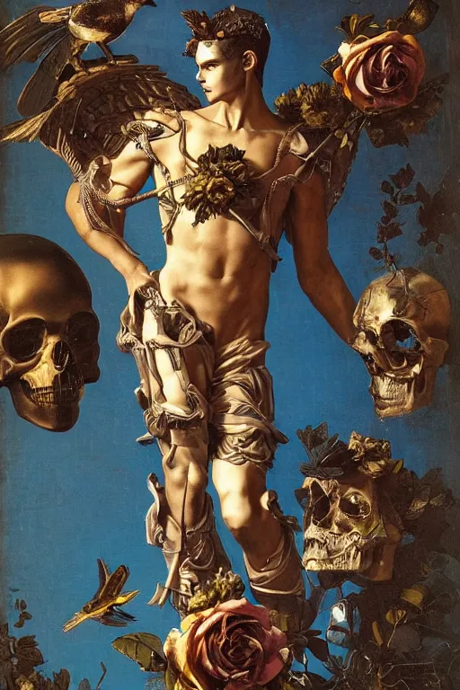 Image similar to a young handsome Spanish metal android with a large glowing battery in the center of his chest in a full-body bronze cyberpunk style statue of Icarus with glowing blue eyes, crown of peach roses, flowing teal-colored silk, fabric, flowers. baroque elements, human skull. full-length view. baroque element. intricate artwork by caravaggio. many many birds birds on background. Trending on artstation, octane render, cinematic lighting from the right, hyper realism, octane render, 8k, depth of field, 3D