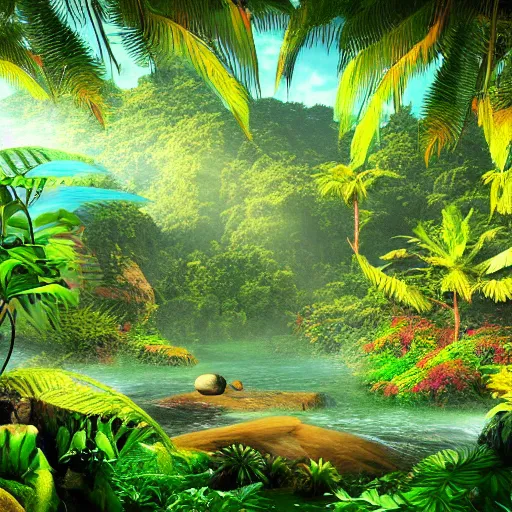 Prompt: dreamy landscape of a beautiful jungle ocean land, 3 d render