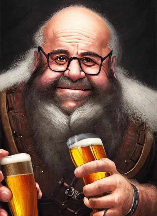 Prompt: Portrait of Danny Devito as a Dwarven Axeman with a white beard, He is drinking beer at a tavern, realistic, detailed, 4k by Greg Rutkowski Mark Arian trending on artstation