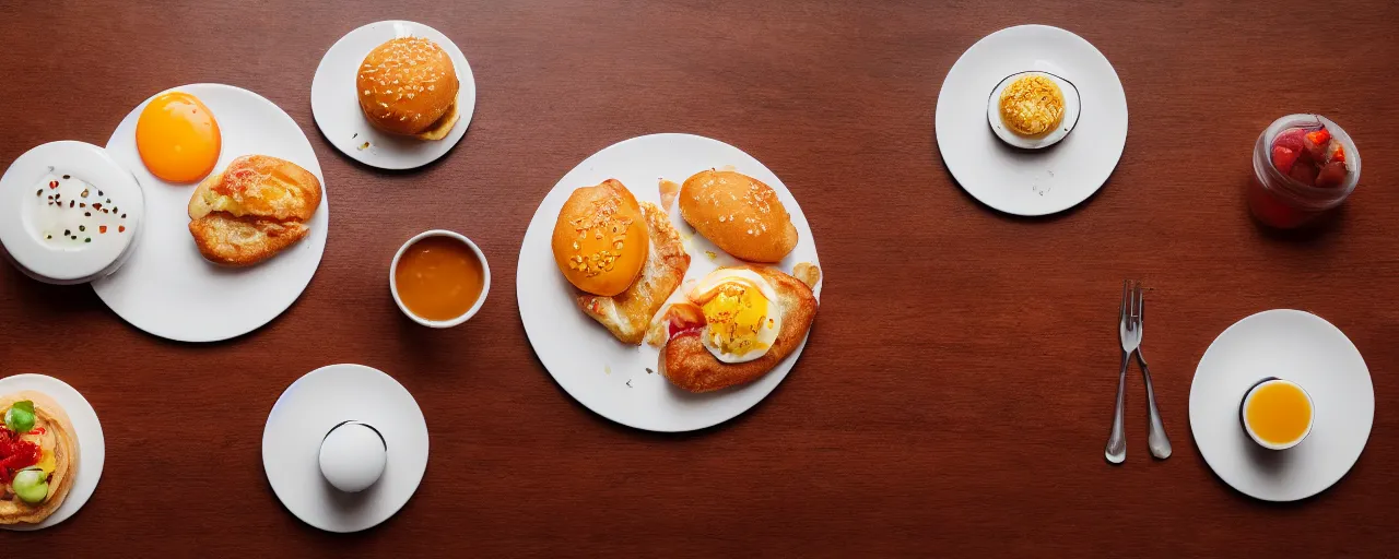 Prompt: breakfast, depth of field, food photography, isometric, tasty, mcdonalds, wide shot, studio, bokeh, gmaster, cooking, food, kodak, sony, canon