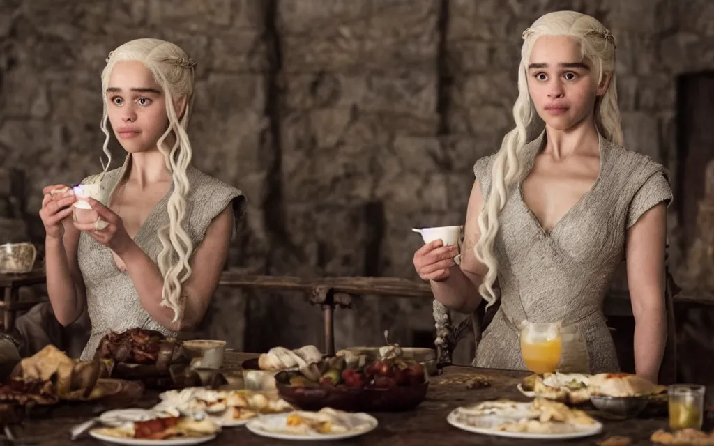 Prompt: daenerys targaryen having breakfast