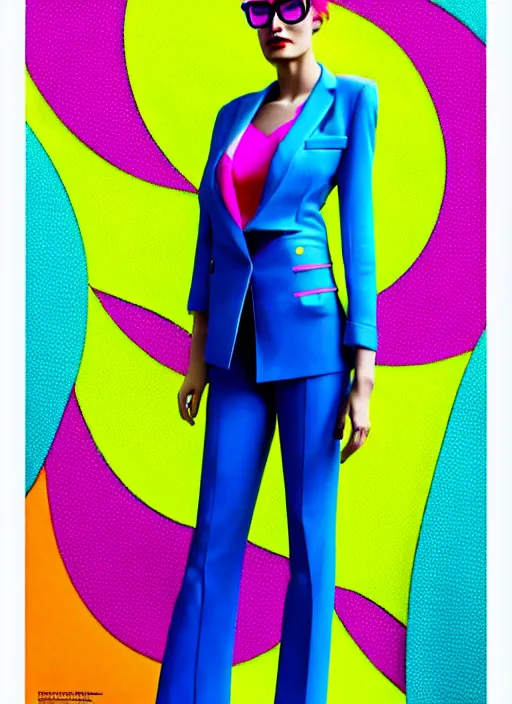 Prompt: bright trouser suit for a rave, bright colors, many details, glasses, prints, photo for a magazine, photo for a store, fashion photography, Vogue, 135 mm, cinematic, hyper realism, high detail, 8k, Two models in the frame, dynamic pose,Smooth skin, perfect face