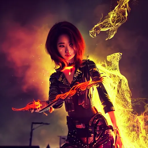 Image similar to a girl like yoona, casting fire spell, background cyberpunk city, full shot, photo, geometries, fibonacci volumetric lighting, epic composition, intricate details, dark neon punk, by KDA