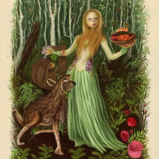 Image similar to In the body art Vasilisa can be seen standing in the forest, surrounded by animals. She is holding a basket of flowers in one hand and a spindle in the other. Her face is turned towards the viewer, with a gentle expression. In the background, the forest is depicted as a dark and mysterious place. botanical illustration, pastel green by Genndy Tartakovsky, by Charles Angrand peaceful