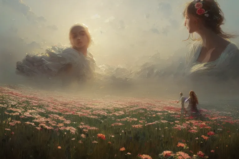 Prompt: a beautiful painting of the sea of flower, boy, girl, by greg rutkowski, trending on artstation