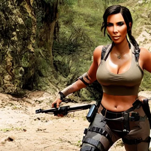 Prompt: A still of Kim Kardashian as Lara Croft