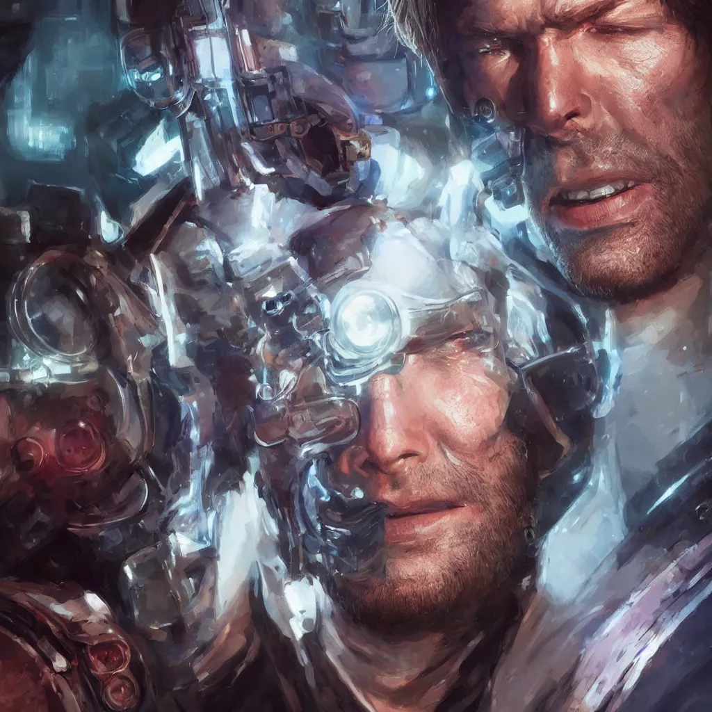 Image similar to a single close-up portrait of Arthur Morgan from Red Dead Redemption as a cyborg, hyper-realistic cyberpunk style, Peter Mohrbacher Takayuki Takeya moody, face by Yanjun Cheng, Irakli Nadar, dramatic cinematic lighting, trending on artstation, deviantart google images, pinterest