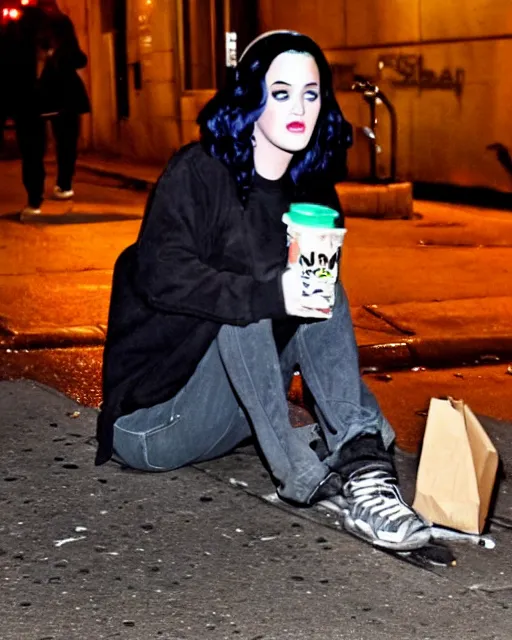 Prompt: Homeless Katy Perry eating her dinner on a dirty sidewalk in New York City, urban grunge, grand theft auto art