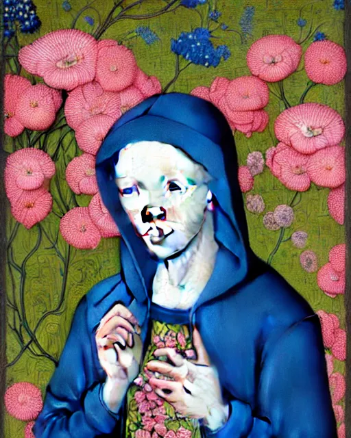 Image similar to portrait of a woman with albinism, wearing a neon blue hoodie, standing in a botanical garden full of flowers, intricate details, high detail, in the style of rogier van der weyden and jacopo da pontormo, by mark ryden, punk, asian art,