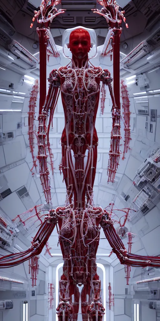 Prompt: high detailed white space station interior a statue jesus on cross made of red marble, perfect symmetrical body, full body shot, inflateble shapes, wires, tubes, veins, jellyfish, white biomechanical details, wearing epic bionic cyborg implants, masterpiece, intricate, biopunk, vogue, highly detailed, artstation, concept art, cyberpunk, octane render