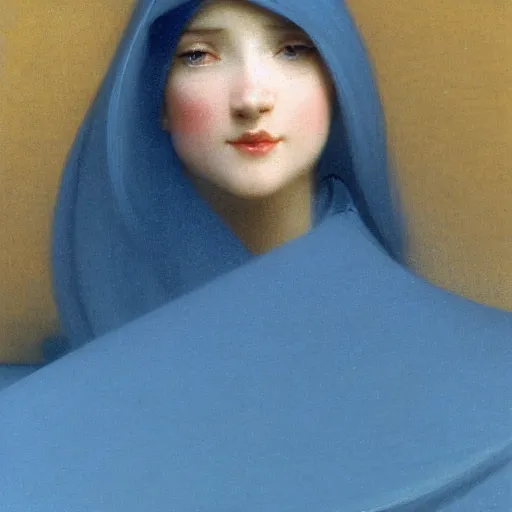 Prompt: a young woman's face, her hair is white and she wears a cobalt blue satin cloak, by ivan aivazovsky and syd mead and moebius and gaston bussiere and roger dean and pieter claesz and paul delaroche and alma tadema and aelbert cuyp and gabriel metsu, hyperrealistic, volumetric light, octane render