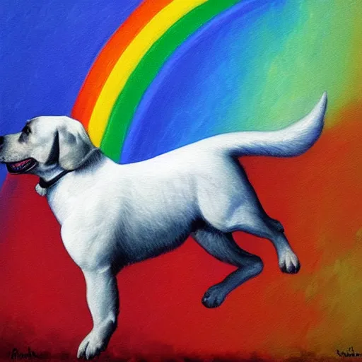 Prompt: a dog flying above a rainbow barroque painting