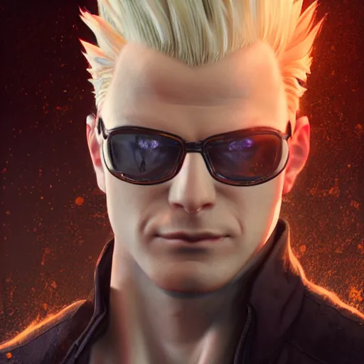 Image similar to albert wesker going super sayain, au naturel, hyper detailed, digital art, trending in artstation, cinematic lighting, studio quality, smooth render, unreal engine 5 rendered, octane rendered, art style by klimt and nixeu and ian sprigger and wlop and krenz cushart