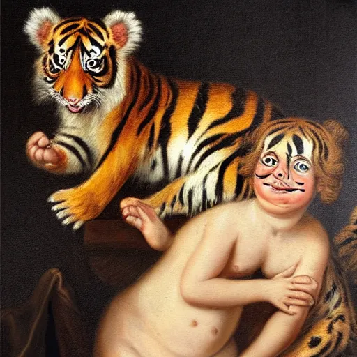 Prompt: angelica kauffman style of a highly detailed realistic portrait oil painting of a cute and cuddly tiger family with anatomically correct faces, portrait posing, with highly detailed beautiful faces, smiling showing their teeth, with a gothic style background, very very very very very beautiful painting