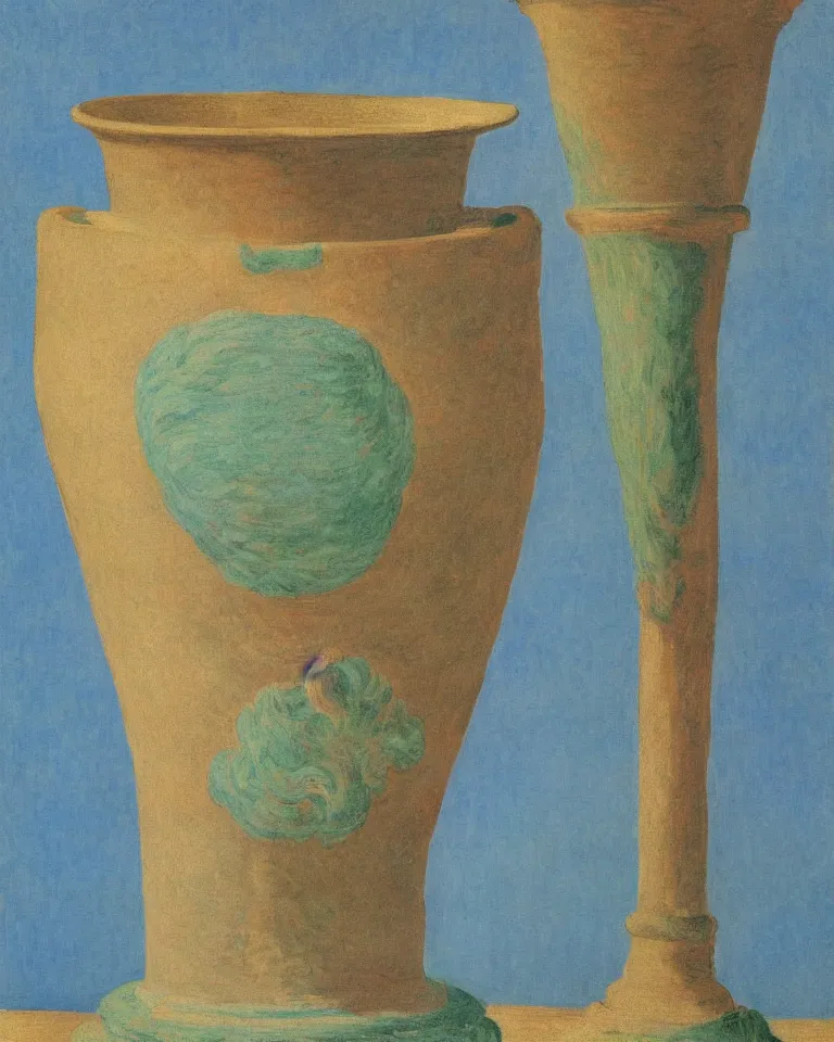 Prompt: print featuring painted ancient greek vase on baby blue background by rene magritte, monet, and turner.