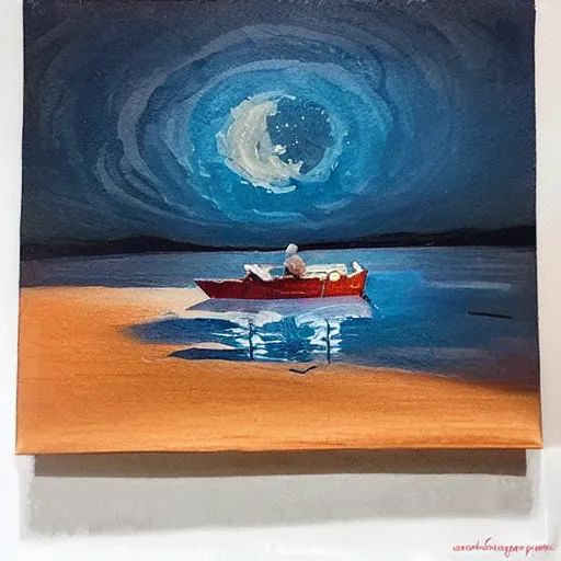 Prompt: a small boat under a moonlit sky with shimmering water. beautiful use of light and shadow to create a sense of depth and movement. using energetic brushwork and a limited color palette, providing a distinctive look and expressive quality in a rhythmic composition