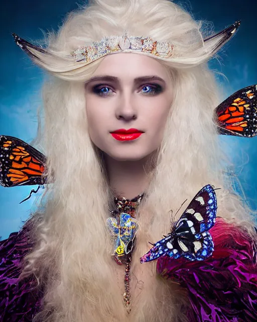 Prompt: very complex hyper-maximalist overdetailed cinematic tribal fantasy closeup macro portrait of a heavenly beautiful cute young royal queen with long platinum blonde windblown hair and butterfly wings, Magic the gathering, pale skin and dark eyes and red lipstick ,flirting smiling, vibrant high contrast, by andrei riabovitchev, tomasz alen kopera,moleksandra shchaslyva, peter mohrbacher, Omnious intricate, octane, moebius, arney freytag, Fashion photo shoot,, glamorous, tattoos,shot in the photo studio, professional studio lighting, backlit, rim lighting, Deviant-art, hyper detailed illustration, 8k