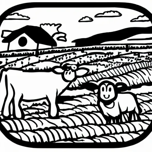 Prompt: colouring page of a new zealand farm, cows and sheep in the style of disney's home on the range, clean cel, vector art