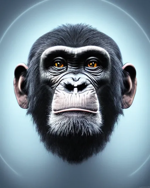 Image similar to very detailed high resolution illustration portrait of a chimpanzee head wearing a helmet, backlit, night covered in stars, surrounded, 3 d, 8 k, extremely detailed, artstation, award winning