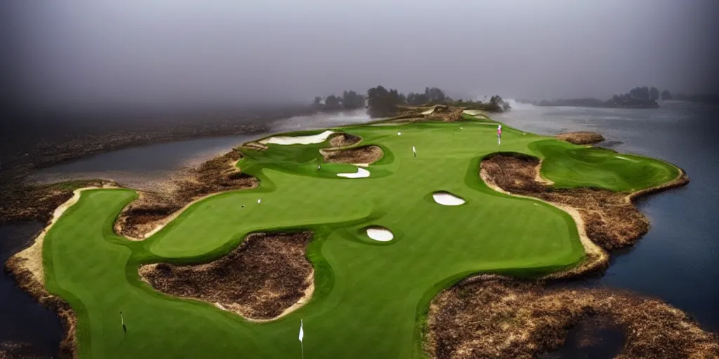 Prompt: a great photograph of the most amazing golf hole in the world, surrounded by water, giant octopus, ambient light, golf digest, top 1 0 0, fog