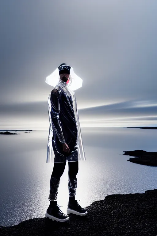 Image similar to an ultra high definition professional high fashion portrait studio full length photograph of a male model wearing a transparent pearlescent raincoat and neon visor planking in an icelandic black rock environment at dawn. no artefacts. extremely detailed. stark. refraction. shallow depth of field. volumetric light and shadow. ray tracing. light rays.