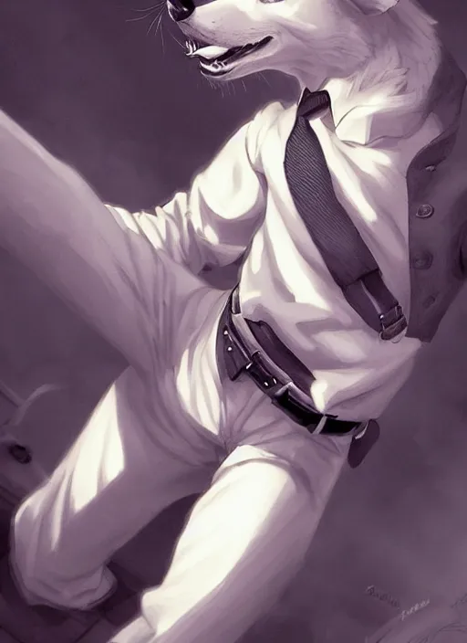 Prompt: beautiful portrait commission of a male furry anthro wolf wearing a white dress shirt with suspenders in an old-timey Saloon. Atmospheric. Character design by charlie bowater, ross tran, artgerm, and makoto shinkai, detailed, inked, western comic book art