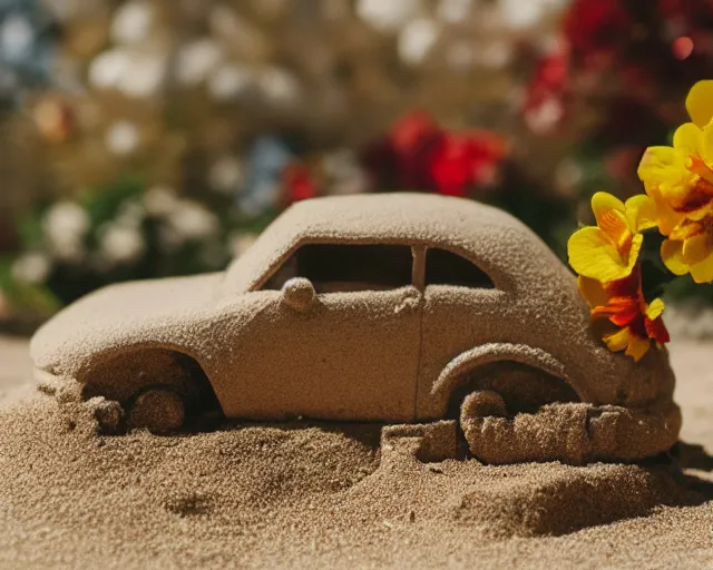 Image similar to 8 5 mm food photography of a car made of sand near a garden with dof and bokeh and flowers o