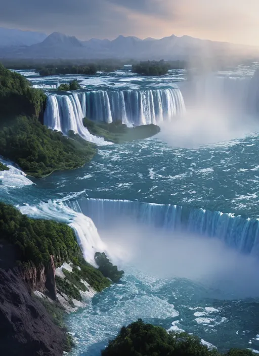 Image similar to cascade of multiple gigantic niagara falls, epic mountains in the background, early dawn, fantasy illustration, matte painting, concept art, low angle shot, volumetric lighting, volumetric atmosphere, morning mist, art by james gurney, unreal engine 5, 8 k