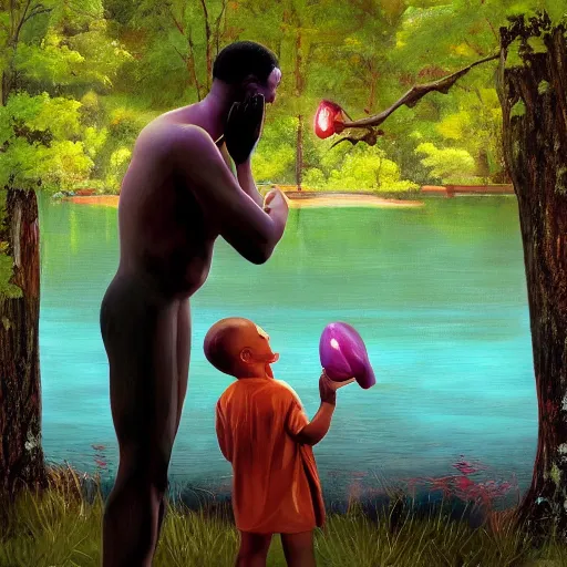 Image similar to a retro realistic painting of a ghost!!! shining in a lake while a black kid! stares at it with a florest! in the background, a scenic view, realistic, volumetric light, detaliesd painting by Kehind Wiley, trending on artstation.