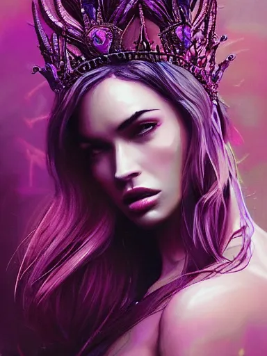 Prompt: pink portrait of young beautiful female angel queen Megan Fox head wearing shiny pink crown, subtle purple accents, hyper details, black metal rococo, sculpted by Alex Alice, Craig Mullins, yoji shinkawa, trending on artstation, beautifully lit, Peter mohrbacher, hyper detailed, insane details, intricate, elite, elegant, luxury, ray of light through smoke, CGsociety, hypermaximalist, golden ratio, background urban cityscape, night, neofuture, volumetric, octane render, weta digital, micro details, 3d sculpture