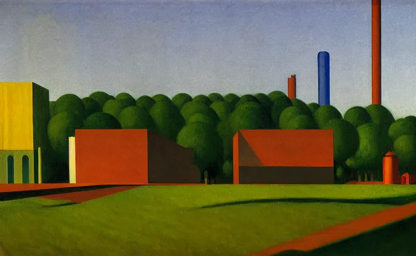 Prompt: geometric painting of industrial buildings surrounded by undergrowth by edward hopper