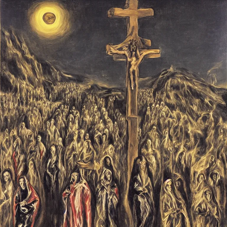 Image similar to A Holy Week procession of souls in a Spanish landscape at night. A figure at the front holds a cross, trending on artstation, 50mm, by El Greco, Remedios Varo y Salvador Dali.