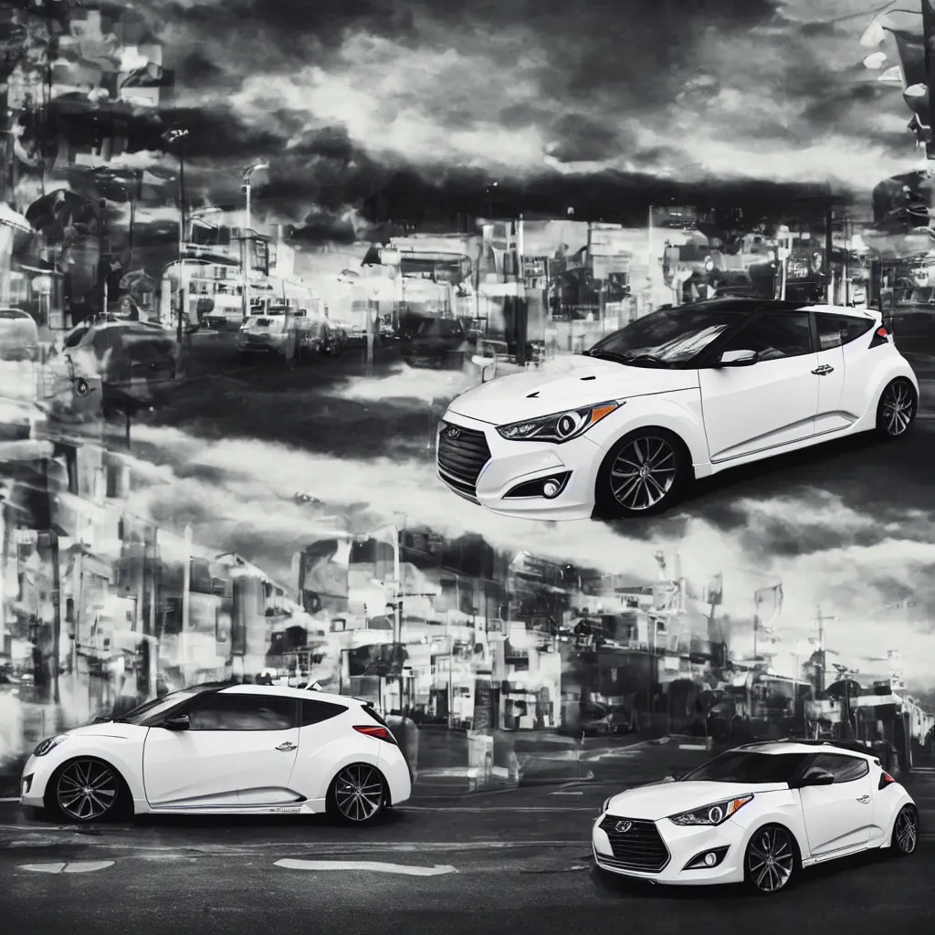 Image similar to white hyundai veloster n parked outside 7 / 1 1, hard parked stance, digital art, super aesthetic, art station, cartoon novel style