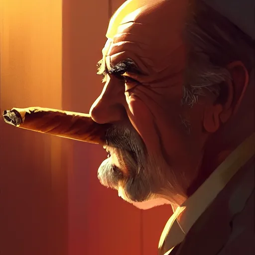 Prompt: portrait of sean connery smoking a cigar, 4 k, concept art, by wlop, ilya kuvshinov, artgerm, krenz cushart, greg rutkowski, pixiv. cinematic dramatic atmosphere, sharp focus, volumetric lighting, cinematic lighting, studio quality