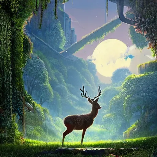 Image similar to highly detailed digital art of a deer standing on an overgrown rooftop looking into the lush solarpunk city below, sunshine, kimi no na wa, trending on artstation, tranquil, by ghibli