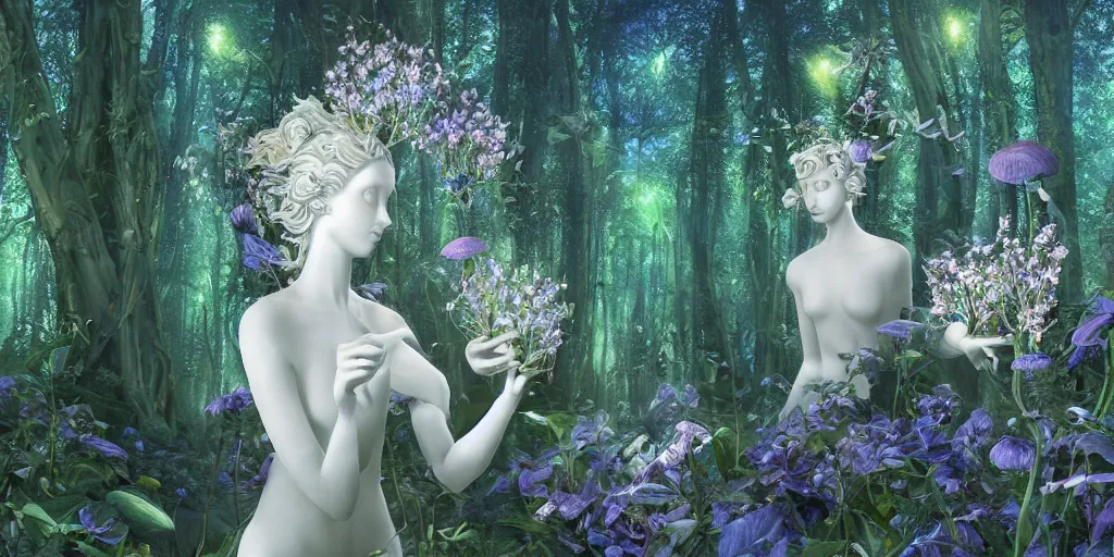 Image similar to glowing delicate flower and mushrooms that grow in a dark fatansy forest on the planet Pandora, an idealistic marble statue with fractal flowery hair in a fractal garden, symmetrical,