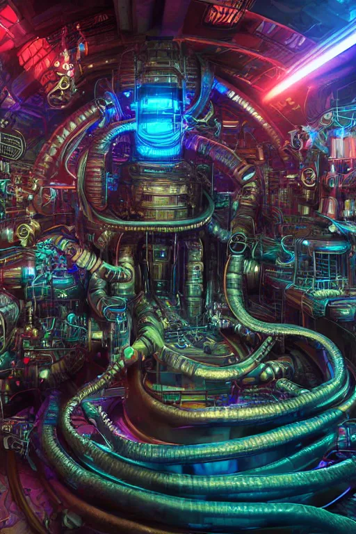 Prompt: portrait of humongous cyberpunk octopus, symmetric, body full glowing vacuum tubes, realistic digital art, 3 d render of futuristic steampunk generators inside a huge steampunk engine, 8 k, fluorescent colors, halluzinogenic, multicolored, exaggerated detailed, unreal engine