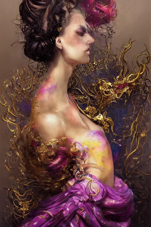 Image similar to an epic painting of a 1 9 years old girl figure sitting on chair, curly messy high bun hairstyle, whimsically designed oriental tattoos, subject wearing a gold and ruby alexander mcqueen medieval gown, flowing, ornate, beautiful, forbidden beauty, dramatic earth colors, with few vivid purple highlights, by jeremy mann and greg rutkowski, trending on artstation, oil on canvas