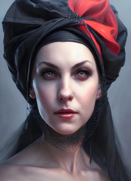 Image similar to a _ fantasy _ style _ portrait _ painting _ of widow black net bonnet, oil _ painting _ unreal _ 5 _ daz. _ rpg _ portrait _ extremely _ detailed _ artgerm _ greg _ rutkowski _ greg