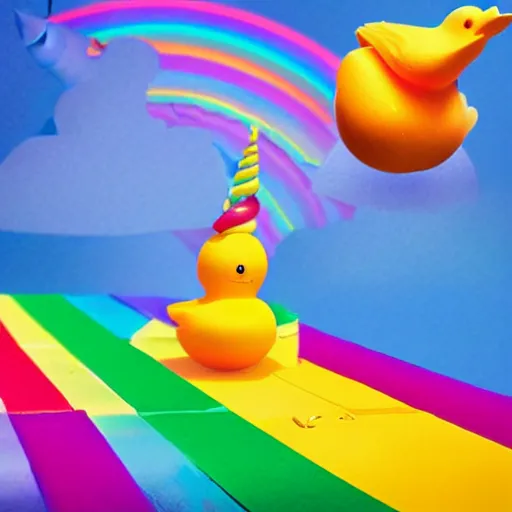 Prompt: a rubber duck riding an unicorn above a rainbow