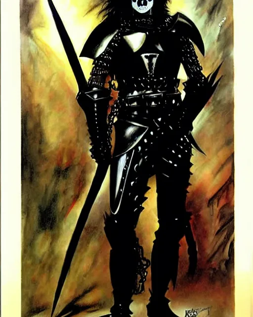 Image similar to portrait of a skinny goth punk keany reeves wearing armor by simon bisley, john blance, frank frazetta