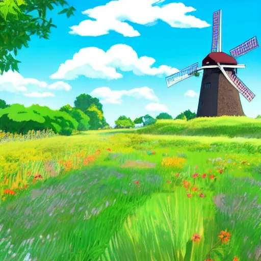 Prompt: beautiful countryside background with a windmill by studio ghibli, 4k, cute, colourful, summer