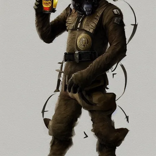 Image similar to a humanoid german shepherd beast - man in military style, holding a bottle of beer, artstation, concept art, smooth, sharp foccus ilustration, artstation