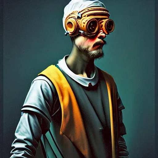 Image similar to Colour Brutal Caravaggio style Photography of Highly detailed brutal Gopnik with detailed face and wearing detailed retrofuturistic Ukrainian folk costume designed by Taras Shevchenko also wearing highly detailed retrofuturistic sci-fi Neural interface designed by Josan Gonzalez. Many details In style of Josan Gonzalez and Mike Winkelmann and andgreg rutkowski and alphonse muchaand and Caspar David Friedrich and Stephen Hickman and James Gurney and Hiromasa Ogura. Rendered in Blender and Octane Render volumetric natural light