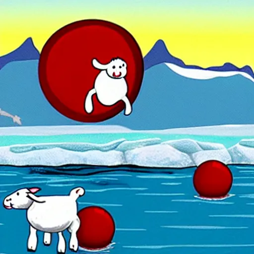 Prompt: cartoon drawing of a seal tossing a red ball with a white lamb in antarctica. the seal's head is sticking out above the water and the sheep is standing near the edge of ice