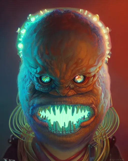 Image similar to portrait of a cute monster, male, bioluminescent, wires, horror, happy, highly detailed, digital painting, cinematic, hyperrealism, dark retrowave, art by stanley lau and artgerm and magali villeneuve and alphonse mucha, artstation, octane render, cgsociety