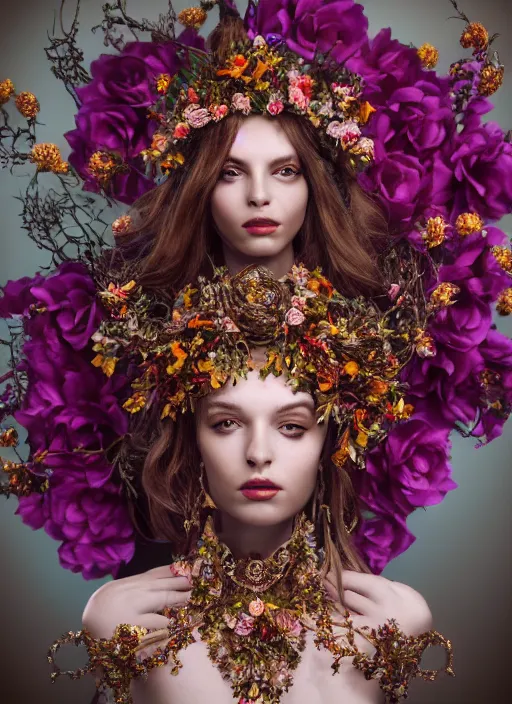 Image similar to full body environmental portrait photo of a young and beautiful female model, ornate headpiece made from flowers, ornaments, glamour shot by gemmy woud - binnendijk, chris knight, photorealistic, canon r 3, fashion photography, ornate, symmetrical features, octane render, unreal engine, solid dark background, clamp shell lighting, rim lighting