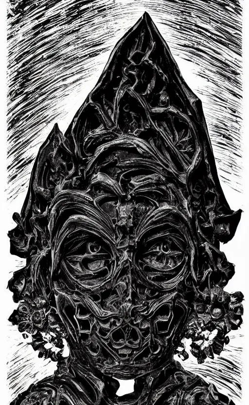 Prompt: a face made of black cast iron on a black background. gothic baroque. low poly. symmetry. epic. ominous shapes. hyper detailed.