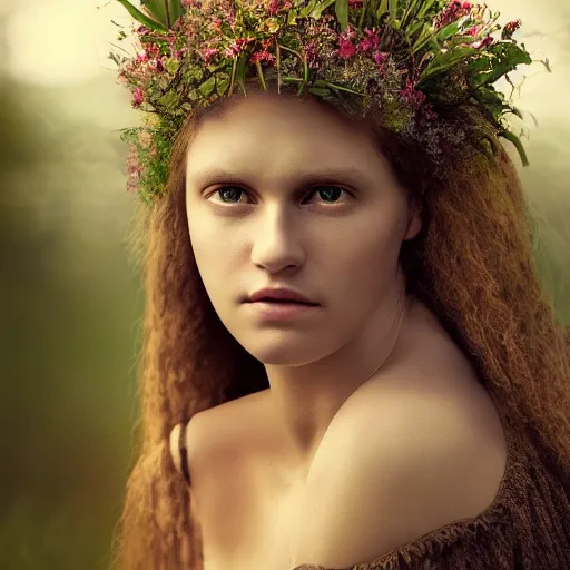 Image similar to photo portrait of a beautiful pagan female, depth of field, zeiss lens, detailed, symmetrical, centered, by edward robert hughes, annie leibovitz and steve mccurry, david lazar, jimmy nelsson, breathtaking, 8 k resolution, extremely detailed, beautiful, establishing shot, artistic, hyperrealistic, beautiful face, octane render