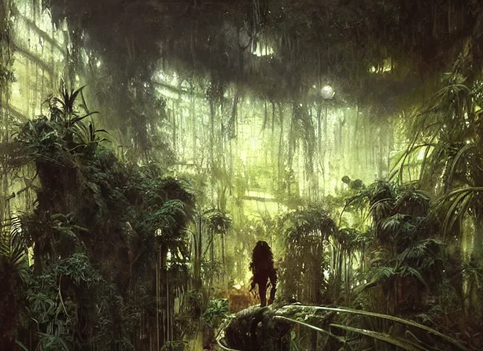 Image similar to interior shot of a lush jungle with two steam punk explorers navigating the harsh terrain, masterpiece, painterly, art by artem demura, emotion, fantasy art,